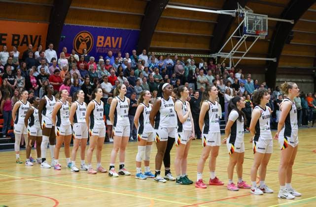 Belgian Cats players pictured at the start of a friendly basket game between Belgium s national team, Nationalteam Belgian Cats and Germany, on Friday 05 June 2026 in Vilvoorde. VIRGINIExLEFOUR  x176171051x