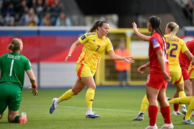 Belgium v Luxembourg - Women s European Qualifiers LEUVEN, BELGIUM - JUNE 05 : Eurlings Hannah forward of Belgium celebrates scoring the opening goal during the Women s European Qualifiers - League phase - Group B4 match between Belgium and Luxembourg at the Den Dreef Stadium on June 05, 2026 in Leuven, Belgium, 05 06 2026 Leuven Belgium  Copyright: xNicoxVereeckenx