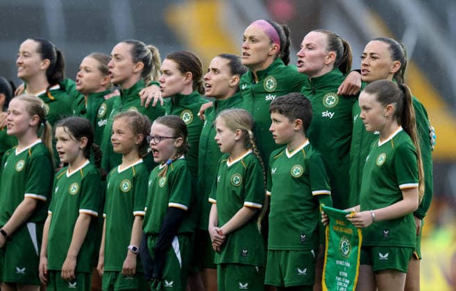 2027 FIFA Women s World Cup Qualifier, SuperValu Pairc Ui Chaoimh, Cork 5 6 2026 Republic of Ireland WNT vs The Netherlands Ireland s Chloe Mustaki, Caitlin Hayes, Courtney Brosnan and Katie McCabe during the national anthem Chloe Mustaki, Caitlin Hayes, Courtney Brosnan and Katie McCabe during the national anthem 5 6 2026  Copyright: x INPHO TomxMaherx RDR_8655