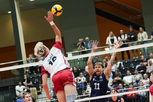 VOLLEYBALL - CEV EL, AUT vs FIN SCHWECHAT,AUSTRIA,05.JUN.26 - VOLLEYBALL - CEV European League, OEVV international match, Länderspiel, Nationalmannschaft Austria vs Finland. Image shows Lukas Glatz (AUT) and Miika Haapaniemi (FIN).  GEPAxpictures xDavidxBitzan