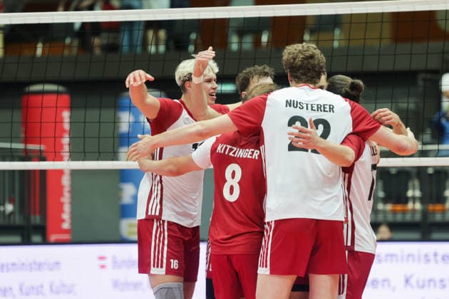 VOLLEYBALL - CEV EL, AUT vs FIN SCHWECHAT,AUSTRIA,05.JUN.26 - VOLLEYBALL - CEV European League, OEVV international match, Länderspiel, Nationalmannschaft Austria vs Finland. Image shows the rejoicing of AUT.  GEPAxpictures xDavidxBitzan
