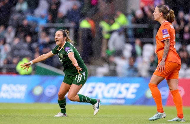 2027 FIFA Women s World Cup Qualifier, SuperValu Pairc Ui Chaoimh, Cork 5 6 2026 Republic of Ireland WNT vs The Netherlands Ireland s Kyra Carusa celebrates scoring her side™s first goal of the game Kyra Carusa celebrates scoring her side™s first goal of the game 5 6 2026  Copyright: x INPHO BenxBradyx BB3_0193