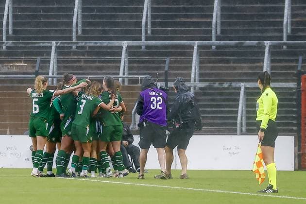 CORK, 05-06-2026 , Pairc Ui Chaoimh , season 2025 2026 , UEFA worldcup qualification football , match between Ireland and The Netherlands (women) , picture shows Republic of Ireland player Kyra Carusa scores the 1-0 and celebrates Ireland - Netherlands (women)  x204174198x Copyright: