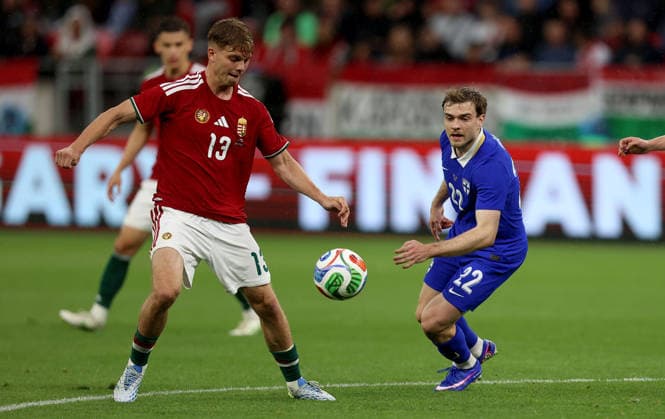 05.06.2026 Budapest Hungary-Finland International Friendly, Länderspiel, Nationalmannschaft men s football Andras Schäfer Schaefer(L) Hungary,Daniel Hakans (R) Finland :
