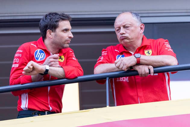 MONTE-CARLO, MONACO - JUNE 05: Frederic Vasseur, Team Principal, Scuderia Ferrari HP talks to a team member after FP2 on June 5, 2026 at the Circuit de Monaco in Monte-Carlo, Monaco. (Photo by Bob Kupbens Icon Sportswire) AUTO: JUN 05 F1 Monaco Grand Prix EDITORIAL USE ONLY Icon2606051191