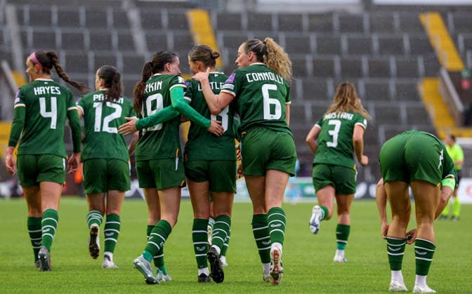 2027 FIFA Women s World Cup Qualifier, SuperValu Pairc Ui Chaoimh, Cork 5 6 2026 Republic of Ireland WNT vs The Netherlands Ireland players celebrate their side™s first goal of the game Ireland players celebrate their side™s first goal of the game 5 6 2026  Copyright: x INPHO BenxBradyx BB2_1689