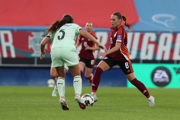 Nelly Rodrigues (Portugal), Viktorija Zaicikova (Latvia) in aktion, in action during the FIFA Women s World Cup Brazil 2027 Qualifiers League B, Group B3 Matchday 5 match between Portugal and Latvia at Estadio Antonio Coimbra da Mota on June 5, 2026, in Estoril, Portugal. Copyright: JoaquimxFerreira