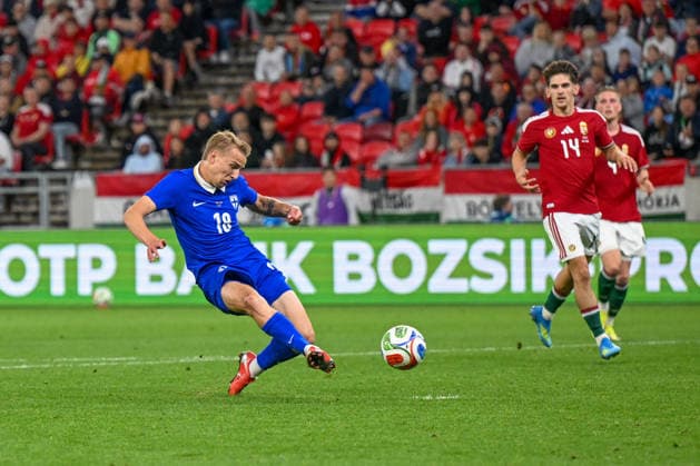 IPA85365972 - Topi Keskinen (Finland) sed a goal during the UEFA friendly match between Hungary vs Finland, 5th June 2026 at the Puskas Arena, Budapest, Hungary  Copyright: xVincenzoxOrlando IPAxSportx xx 85365972