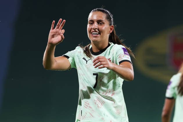 Francisca Kika Nazareth (Portugal) celebrate the goal to 3:0 during the FIFA Women s World Cup Brazil 2027 Qualifiers League B, Group B3 Matchday 5 match between Portugal and Latvia at Estadio Antonio Coimbra da Mota on June 5, 2026, in Estoril, Portugal. Copyright: JoaquimxFerreira
