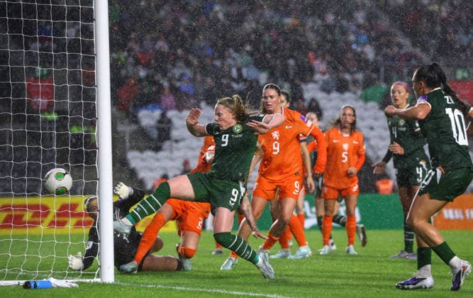 2027 FIFA Women s World Cup Qualifier, SuperValu Pairc Ui Chaoimh, Cork 5 6 2026 Republic of Ireland WNT vs The Netherlands Ireland s Amber Barrett scores her sides 3rd goal of the match Amber Barrett scores her sides 3rd goal of the match 5 6 2026  Copyright: x INPHO BenxBradyx BB2_2097