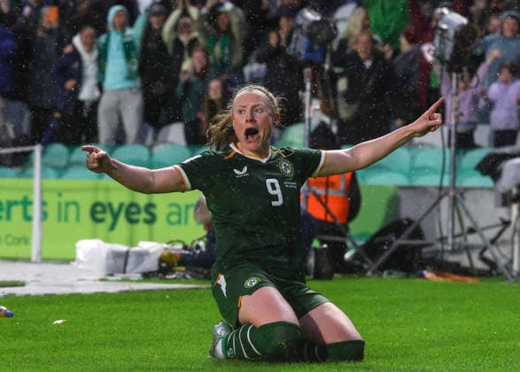 2027 FIFA Women s World Cup Qualifier, SuperValu Pairc Ui Chaoimh, Cork 5 6 2026 Republic of Ireland WNT vs The Netherlands Ireland s Amber Barrett celebrates after she scores her sides 3rd goal of the match Amber Barrett celebrates after she scores her sides 3rd goal of the match 5 6 2026  Copyright: x INPHO BenxBradyx BB2_2202