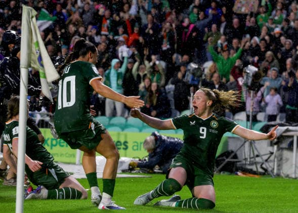 2027 FIFA Women s World Cup Qualifier, SuperValu Pairc Ui Chaoimh, Cork 5 6 2026 Republic of Ireland WNT vs The Netherlands Ireland s Amber Barrett celebrates with Jessica Ziu after she scores her sides 3rd goal of the match Amber Barrett celebrates with Jessica Ziu after she scores her sides 3rd goal of the match 5 6 2026  Copyright: x INPHO BenxBradyx BB2_2205