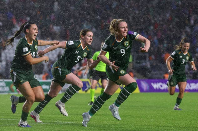 2027 FIFA Women s World Cup Qualifier, SuperValu Pairc Ui Chaoimh, Cork 5 6 2026 Republic of Ireland WNT vs The Netherlands Ireland s Amber Barrett celebrates with team mates after she scores her sides 3rd goal of the match Amber Barrett celebrates with team mates after she scores her sides 3rd goal of the match 5 6 2026  Copyright: x INPHO BenxBradyx BB2_2142