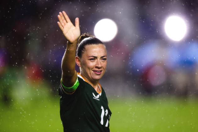 2027 FIFA Women s World Cup Qualifier, SuperValu Pairc Ui Chaoimh, Cork 5 6 2026 Republic of Ireland WNT vs The Netherlands Ireland s Katie McCabe celebrates after winning the game Katie McCabe celebrates after winning the game 5 6 2026  Copyright: x INPHO TomxMaherx RDR_4284