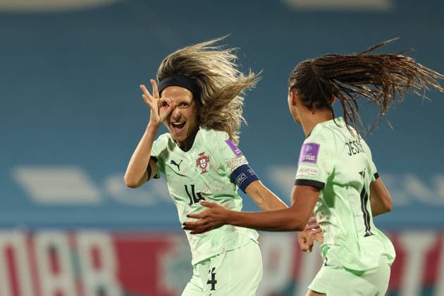 Dolores Silva (Portugal), JÃ ssica Silva (Portugal) celebrate the goal to 5:0 during the FIFA Women s World Cup Brazil 2027 Qualifiers League B, Group B3 Matchday 5 match between Portugal and Latvia at Estadio Antonio Coimbra da Mota on June 5, 2026, in Estoril, Portugal. Copyright: JoaquimxFerreira