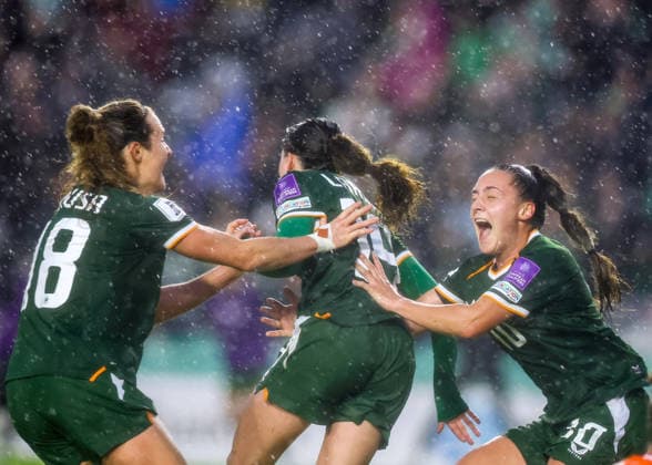 2027 FIFA Women s World Cup Qualifier, SuperValu Pairc Ui Chaoimh, Cork 5 6 2026 Republic of Ireland WNT vs The Netherlands Ireland s Abbie Larkin celebrates after scoring her side s second goal of the match with Kyra Carusa and Jessica Ziu Abbie Larkin celebrates after scoring her side s second goal of the match with Kyra Carusa and Jessica Ziu 5 6 2026  Copyright: x INPHO TomxMaherx RDR_2332