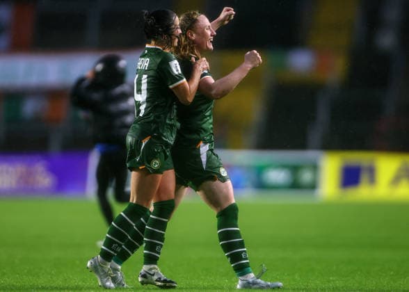 2027 FIFA Women s World Cup Qualifier, SuperValu Pairc Ui Chaoimh, Cork 5 6 2026 Republic of Ireland WNT vs The Netherlands Ireland s Amber Barrett celebrates scoring her side™s third goal of the game with Marissa Sheva Amber Barrett celebrates scoring her side™s third goal of the game with Marissa Sheva 5 6 2026  Copyright: x INPHO BenxBradyx BB3_3899