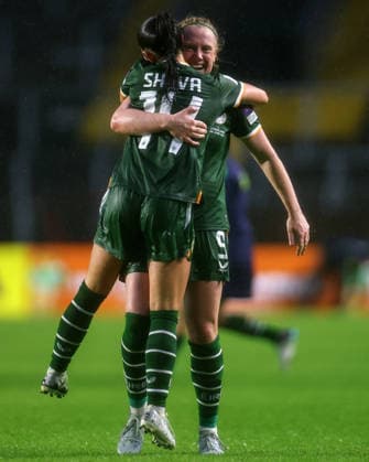 2027 FIFA Women s World Cup Qualifier, SuperValu Pairc Ui Chaoimh, Cork 5 6 2026 Republic of Ireland WNT vs The Netherlands Ireland s Amber Barrett celebrates scoring her side™s third goal of the game with Marissa Sheva Amber Barrett celebrates scoring her side™s third goal of the game with Marissa Sheva 5 6 2026  Copyright: x INPHO BenxBradyx BB3_3945