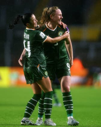 2027 FIFA Women s World Cup Qualifier, SuperValu Pairc Ui Chaoimh, Cork 5 6 2026 Republic of Ireland WNT vs The Netherlands Ireland s Amber Barrett celebrates scoring her side™s third goal of the game with Marissa Sheva Amber Barrett celebrates scoring her side™s third goal of the game with Marissa Sheva 5 6 2026  Copyright: x INPHO BenxBradyx BB3_3957