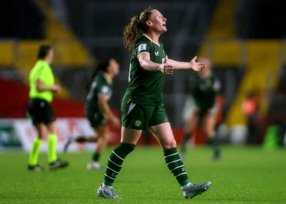 2027 FIFA Women s World Cup Qualifier, SuperValu Pairc Ui Chaoimh, Cork 5 6 2026 Republic of Ireland WNT vs The Netherlands Ireland s Amber Barrett reacts Amber Barrett reacts 5 6 2026  Copyright: x INPHO BenxBradyx BB3_3813