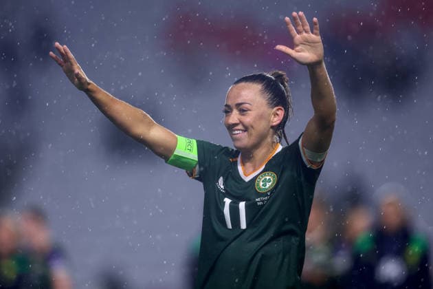 2027 FIFA Women s World Cup Qualifier, SuperValu Pairc Ui Chaoimh, Cork 5 6 2026 Republic of Ireland WNT vs The Netherlands Ireland s Katie McCabe celebrates after the game Katie McCabe celebrates after the game 5 6 2026  Copyright: x INPHO BenxBradyx BB3_4249