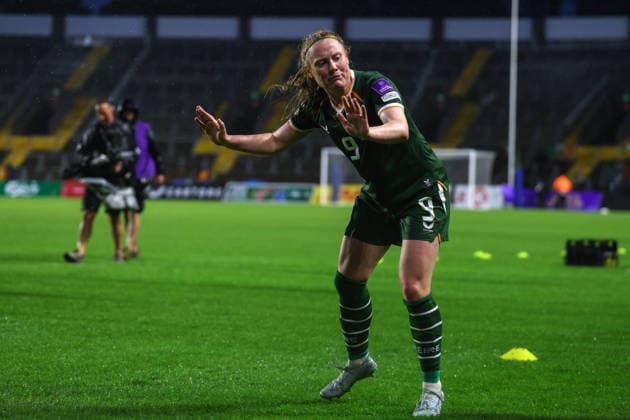 2027 FIFA Women s World Cup Qualifier, SuperValu Pairc Ui Chaoimh, Cork 5 6 2026 Republic of Ireland WNT vs The Netherlands Ireland s Amber Barrett celebrates after the game Amber Barrett celebrates after the game 5 6 2026  Copyright: x INPHO BenxBradyx BB2_3346