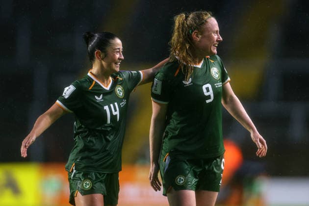 2027 FIFA Women s World Cup Qualifier, SuperValu Pairc Ui Chaoimh, Cork 5 6 2026 Republic of Ireland WNT vs The Netherlands Ireland s Marissa Sheva celebrates with Amber Barrett Marissa Sheva celebrates with Amber Barrett 5 6 2026  Copyright: x INPHO BenxBradyx BB3_3965