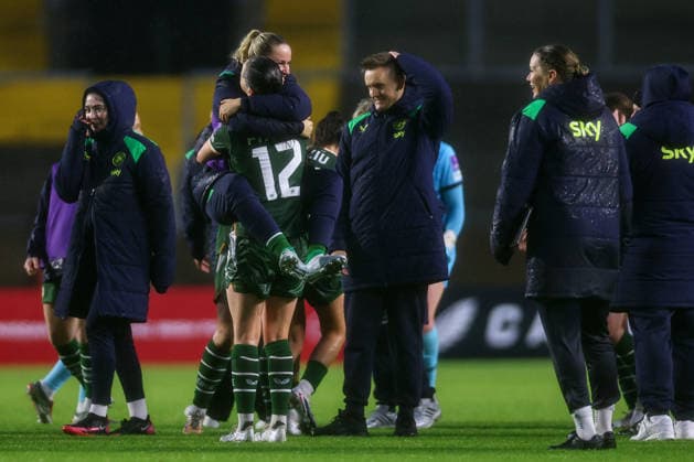 2027 FIFA Women s World Cup Qualifier, SuperValu Pairc Ui Chaoimh, Cork 5 6 2026 Republic of Ireland WNT vs The Netherlands Ireland s Jessie Stepleton celebrates with Anna Patten Jessie Stepleton celebrates with Anna Patten 5 6 2026  Copyright: x INPHO BenxBradyx BB3_4166