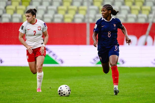 Gdansk 05.06.2026. Women s football match in the 2027 World Cup qualifiers between Poland and France in Gdansk, Poland --- Eliminacje do Mistrzostwa Swiata Kobiet w pilce noznej: Polska - Francja Persons Shown : Martyna Wiankowska, Grace Geyoro Fot. Marcin Gadomski Arena Akcji NEWSPIX.PL --- newspix.pl 
