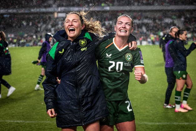 2027 FIFA Women s World Cup Qualifier, SuperValu Pairc Ui Chaoimh, Cork 5 6 2026 Republic of Ireland WNT vs The Netherlands Ireland s Kyra Carusa and Saoirse Noonan celebrate winning Kyra Carusa and Saoirse Noonan celebrate winning 5 6 2026  Copyright: x INPHO TomxMaherx ISS_3454