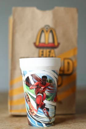 FIFA World Cup, WM, Weltmeisterschaft, Fussball McDonalds Sponsorship An Alphonso Davies McDonald s World Cup collectible cup is seen in this illustration photo in Los Angeles, California, on June 5, 2026. Los Angeles California United States  Copyright: xMichaelxYanowx originalFilename:yanow-fifaworl260605_npJh0.jpg