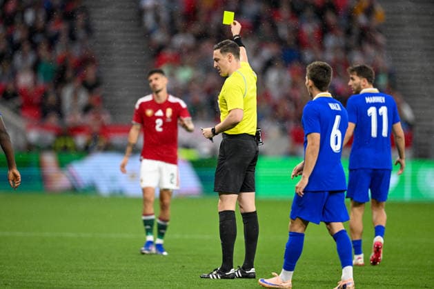 FOOTBALL - Friendly - Hungary vs Finland Photo by IPA ABACAPRESS.COM85363330 - Yellow card for Attila Osvath (Hungary) during the UEFA friendly match between Hungary vs Finland, 5th June 2026 at the Puskas Arena, Budapest, Hungary Budapest Hungary  Copyright: xIPAxSport ABACAx