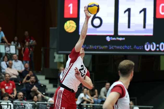 05.June. 2026 – Volleyball – CEV Volleyball European League 2026 - Men , FINLAND vs AUSTRIA Mathaus Jurkovics (Austria) serves the ball Lower Austria Lower Austria , AUSTRIA – Multiversum Schwechat Multiversum Schwechat AUSTRIA