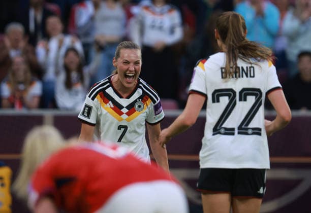 Torjubel 1-0 durch Marie Müller (GER, L) mit Jule Brand (GER), Frauen WM Qualifikation Gruppe A4, Deutschland vs Norwegen, Köln, 05.06.2026.