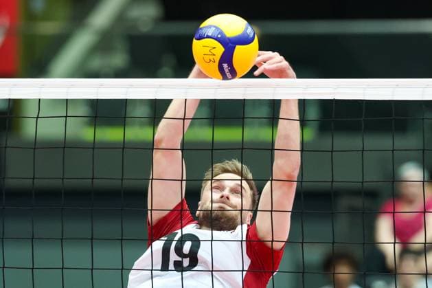 05.June. 2026 – Volleyball – CEV Volleyball European League 2026 - Men , FINLAND vs AUSTRIA Paul Buchegger (Austria) blocks the ball Lower Austria Lower Austria , AUSTRIA – Multiversum Schwechat Multiversum Schwechat AUSTRIA