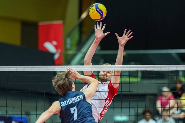 05.June. 2026 – Volleyball – CEV Volleyball European League 2026 - Men , FINLAND vs AUSTRIA Paul Buchegger (Austria) blocks the ball Lower Austria Lower Austria , AUSTRIA – Multiversum Schwechat Multiversum Schwechat AUSTRIA