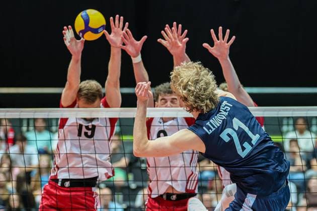 05.June. 2026 – Volleyball – CEV Volleyball European League 2026 - Men , FINLAND vs AUSTRIA Veikka Lindqvist (Finland) spikes the ball Lower Austria Lower Austria , AUSTRIA – Multiversum Schwechat Multiversum Schwechat AUSTRIA