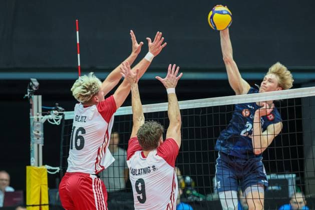 05.June. 2026 – Volleyball – CEV Volleyball European League 2026 - Men , FINLAND vs AUSTRIA Lukas Glatz (Austria), Sebastian Sablatnig (Austria) blocks the ball Lower Austria Lower Austria , AUSTRIA – Multiversum Schwechat Multiversum Schwechat AUSTRIA
