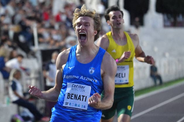 IPA85371989 - Rome , Italy. 05 June, 2026. Lorenzo Benati celebrates the victory of the 400-meter race during the International Athletics Meeting Roma Sprint Festival 2026 at Stadio dei Marmi. Credit Roberto Bettacchi  Copyright: xRobertoxBettacchi IPAxSportx xx 85371989