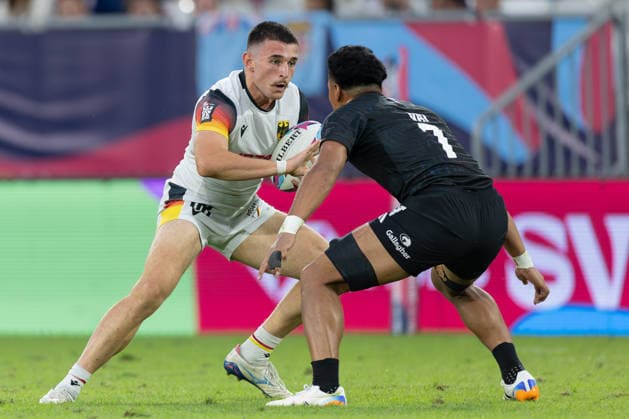 Neuseeland - Deutschland, SVNS Rugby World Championship, WM, Weltmeisterschaft Bennet Veil (Deutschland, 68) gegen Kitiona Vai (Neuseeland). Zweites Gruppenspiel der deutschen Mannschaft gegen die All Blacks Sevens aus Neuseeland. Drittes Turnier der SVNS World Championship, Siebener-Rugby WM vom 5. bis 7. Juni 2026 in Bordeaux (Frankreich). Tag 1, Gruppenspiele am 5. Juni 2026., Bordeaux Region Nouvelle-Aquitaine Frankreich Stade Atlantique
