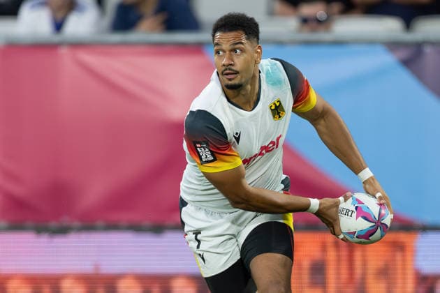 Neuseeland - Deutschland, SVNS Rugby World Championship, WM, Weltmeisterschaft Chris Umeh (Deutschland, 7). Zweites Gruppenspiel der deutschen Mannschaft gegen die All Blacks Sevens aus Neuseeland. Drittes Turnier der SVNS World Championship, Siebener-Rugby WM vom 5. bis 7. Juni 2026 in Bordeaux (Frankreich). Tag 1, Gruppenspiele am 5. Juni 2026., Bordeaux Region Nouvelle-Aquitaine Frankreich Stade Atlantique