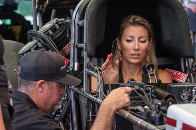 EPPING, NH - JUNE 05: Top Fuel driver, Leah Pruett ( 777) MOPAR DIRECT CONNECTION DODG sits in her dragster as adjustments are made prior to Friday™s qualifying for the Motorsport, Herren, USA, Dragster Drag Race New England Nationals on June 05, 2026, at New England Dragway in Epping, NH. (Photo by David Hahn Icon Sportswire) AUTO: JUN 05 NHRA New England Nationals EDITORIAL USE ONLY Icon260605001