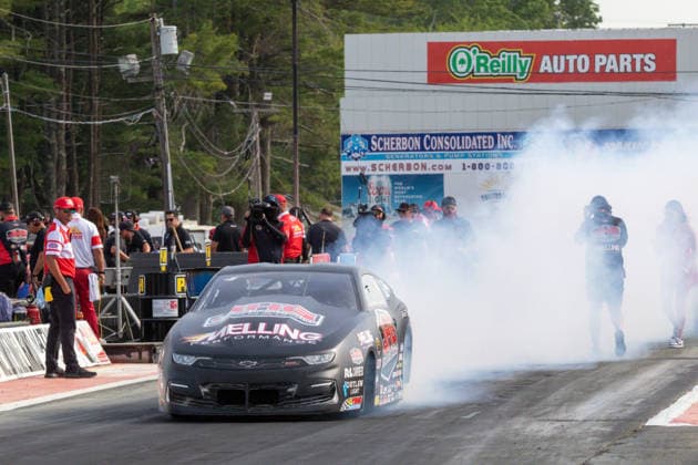 EPPING, NH - JUNE 05: Pro Stock driver, Greg Stanfield ( 445) JANAC BROS does a burnout during qualifying for the Motorsport, Herren, USA, Dragster Drag Race New England Nationals on June 05, 2026, at New England Dragway in Epping, NH. (Photo by David Hahn Icon Sportswire) AUTO: JUN 05 NHRA New England Nationals EDITORIAL USE ONLY Icon260605004