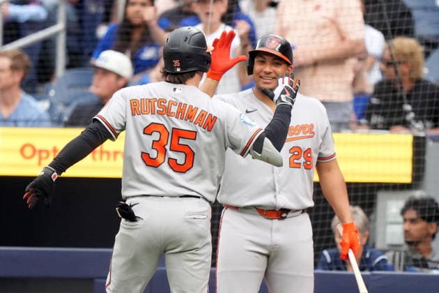 June 5, 2026, Toronto, On, CANADA: Baltimore Orioles catcher Adley Rutschman (35) celebrates a home run with teammate Samuel Basallo (29) against the Toronto Blue Jays during first inning American League, MLB, Baseball Herren, USA baseball action in Toronto on Friday, June 5, 2026. Canada News - June 5, 2026 - ZUMAc35_ 20260605_zaf_c35_076 Copyright: xNathanxDenettex