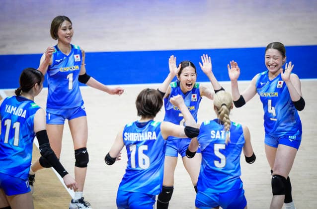 Team Japan celebrates against Team Ukraine during their womens Volleyball Nations League (VNL) match on June 5, 2026 in Quebec City, Canada. Noxthirdxpartyxsales  aflo_333391335 MathieuxBelangerx
