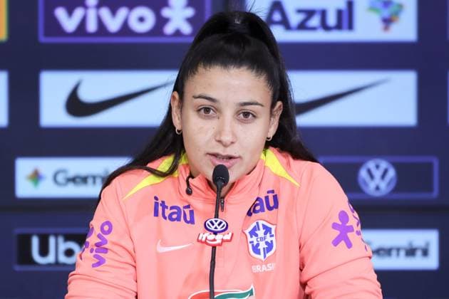Training session of the Brazilian women s national football team for the friendly match against the USA. press conference, PK, Pressekonferenz with Duda Sampaio of the Brazilian women s national football team before the friendly match against the United States, at Neo Quimica Arena, east side of Sao Paulo, this Friday, June 5, 2026. Sao Paulo Sao Paulo Brasil Copyright: xMarinaxUezimax