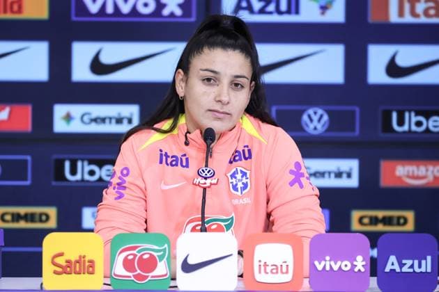 Training session of the Brazilian women s national football team for the friendly match against the USA. press conference, PK, Pressekonferenz with Duda Sampaio of the Brazilian women s national football team before the friendly match against the United States, at Neo Quimica Arena, east side of Sao Paulo, this Friday, June 5, 2026. Sao Paulo Sao Paulo Brasil Copyright: xMarinaxUezimax