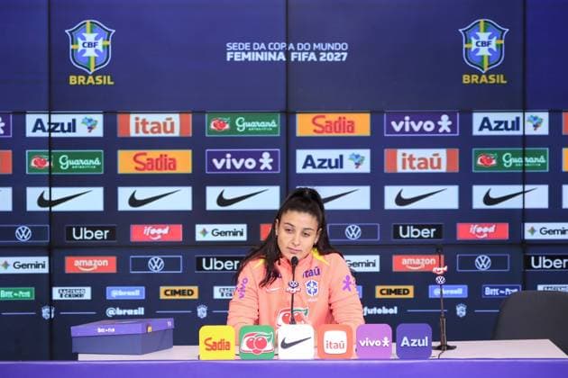 Training session of the Brazilian women s national football team for the friendly match against the USA. press conference, PK, Pressekonferenz with Duda Sampaio of the Brazilian women s national football team before the friendly match against the United States, at Neo Quimica Arena, east side of Sao Paulo, this Friday, June 5, 2026. Sao Paulo Sao Paulo Brasil Copyright: xMarinaxUezimax