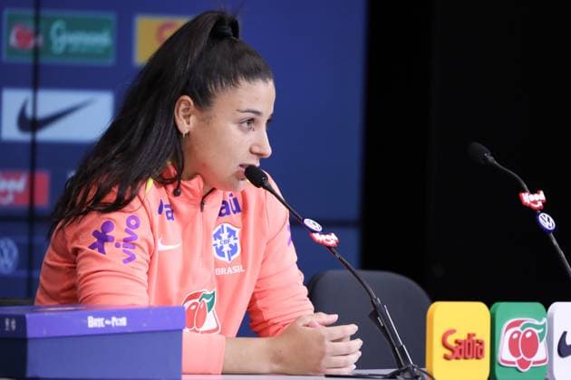Training session of the Brazilian women s national football team for the friendly match against the USA. press conference, PK, Pressekonferenz with Duda Sampaio of the Brazilian women s national football team before the friendly match against the United States, at Neo Quimica Arena, east side of Sao Paulo, this Friday, June 5, 2026. Sao Paulo Sao Paulo Brasil Copyright: xMarinaxUezimax