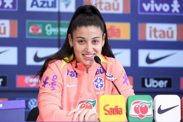 Training session of the Brazilian women s national football team for the friendly match against the USA. press conference, PK, Pressekonferenz with Duda Sampaio of the Brazilian women s national football team before the friendly match against the United States, at Neo Quimica Arena, east side of Sao Paulo, this Friday, June 5, 2026. Sao Paulo Sao Paulo Brasil Copyright: xMarinaxUezimax